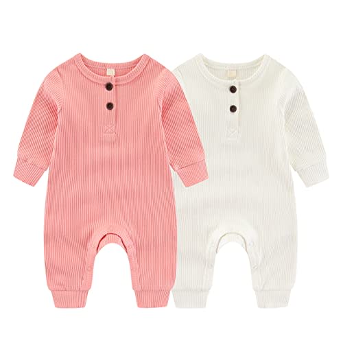 ZAV Solid Unisex Baby Boy Girl Rompers 2 Pack Long Sleeve Jumpsuits Infants Clothes Outfits