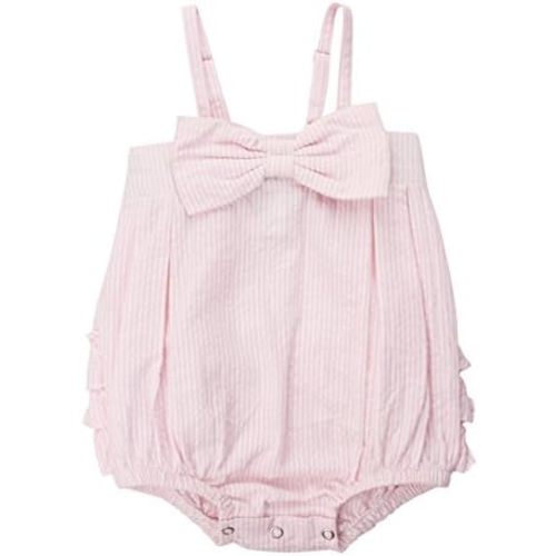 RuffleButts® Baby/Toddler Girls Light Wash Denim Bow-Front Bubble Romper