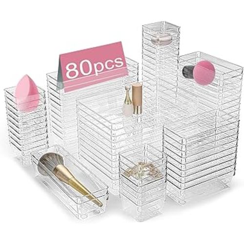 Drawer Organizers Set of 80, 4 Sizes Clear Plastic Drawer Organizers and Storage Bins for Kitchen, Bathroom, Office, Dresser Desk Drawer Organizer Tray for Jewelry, Makeup, Junk, Gadgets