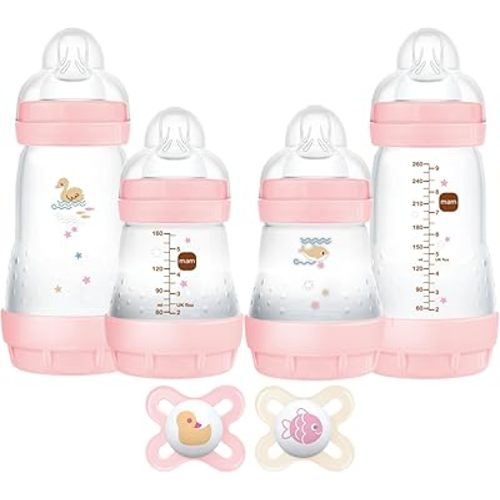 MAM Feed & Soothe Feeding Set, Newborn Essentials Must Have for 0-3 Months, Including 6 Pieces, Anti-Colic Baby Bottle Self-Sterilizing, Skinsoft Silicone Pacifiers, Baby Gift, Girl