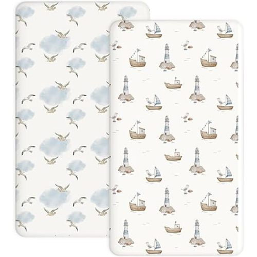 Pack and Play Sheets 2 Pack, Fitted Jersey Knit Mini Crib Sheets for Baby Boys and Girls, Compatible with Graco Pack N Play and Mini Crib Mattress (Pank N Play/Mini Crib Sheets, Sailing Waves)