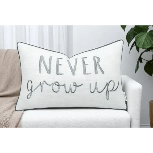 Rudransha 12x20 Never Grow Up Lumbar Pillow Cover - Embroidered Quote Design - Decorative Throw Pillow for Couch, Sofa, Entryway, Playroom - Inspirational Kids Room Décor - Ivory