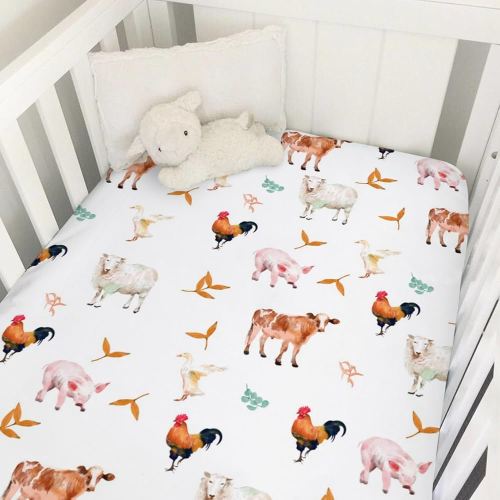 Watercolor Farm Animals Baby Crib Sheet 52''x28'' Farmhouse Lamb Cow Chicken Pig Duck Tractor Fitted Crib Mattress Sheet Covers for Boy Girl Baby Nursery Bed Sheets for Standard Crib Mattress