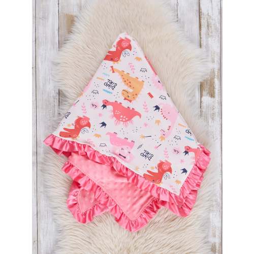Pink Dino Girl Ruffle Minky Blanket