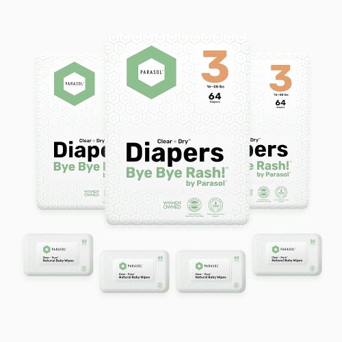 Parasol Clear+Dry Disposable Diapers and Clear+Pure Wipes, RashShield Protection, Size 3 (16-28 lbs), Diaper Bundle of 192 Diapers & 240 Wipes