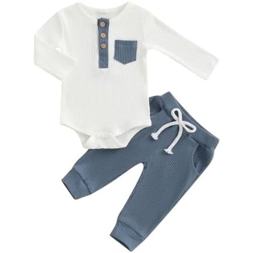 fhutpw Baby Boy Clothes 3 6 12 18 Months Ribbed Knitted Long Sleeve Romper and Pants Sets Newborn Fall Splicing Color Outfits