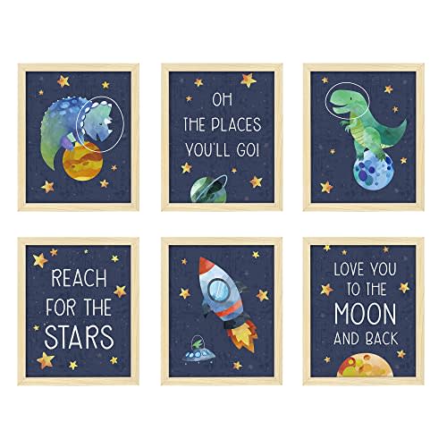 ArtbyHannah Framed Nursery Blue Space Wall Decor, 8x10 inch Dinosaur and Space Adventure Themed Prints Baby Wall Art with Picture Frames for Kids Children Room Playroom Bedroom Decoration (6 Pack)