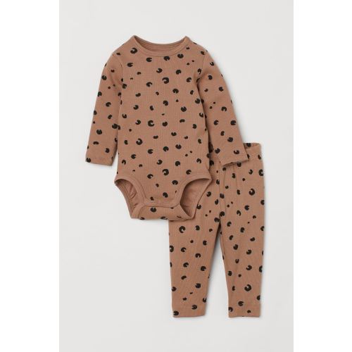 Ribbed Cotton Set - Dark beige/leopard print - Kids | H&M US