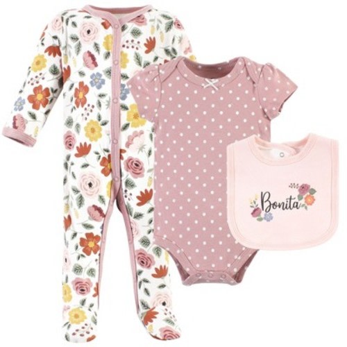 Hudson Baby Infant Girl Cotton Sleep and Play, Bodysuit and Bandana Bib Set, Bonita, 0-3 Months