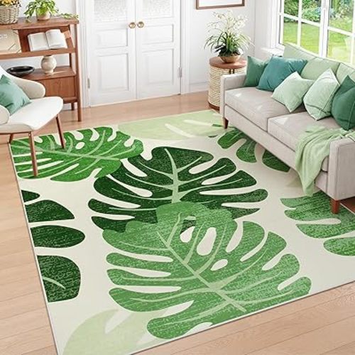 Lukinbox Leaf Indoor Outdoor Area Rugs for Living Room, 8x10 Green Washable Rug Tropical Monstera Plant Non-Slip Bedroom Rugs, Large Accent Area Carpets for Dinning Room Patio Porch