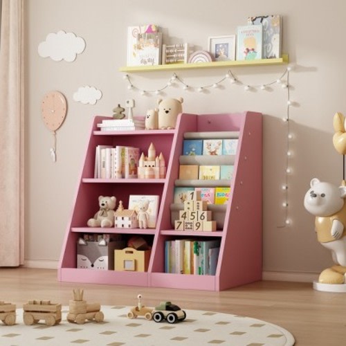 Wooden Toy Storage Organizer Cabinet Kids Bookshelf Children Bookcase Toddler Baby Sling Book Rack Shelf for Playroom Bedroom Nursery Hallway School