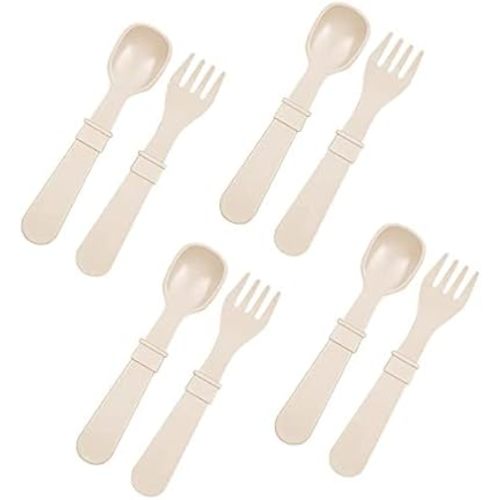 Re-Play Made in USA Toddler Forks and Spoons, Pack of 8 Without Carrying Case - 4 Kids Forks with Rounded Tips and 4 Deep Scoop Toddler Spoons - 0.2" Thick Toddler Utensils, Sand