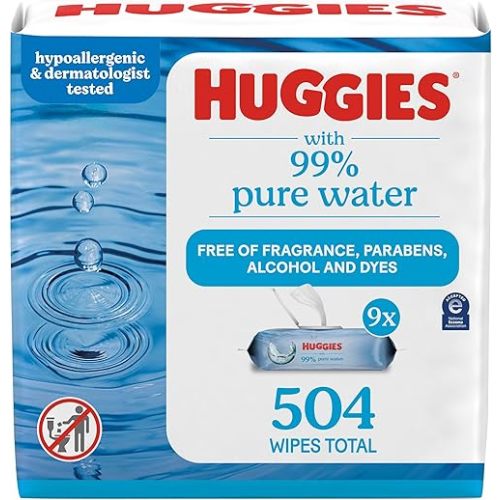 Huggies 99% Pure Water Baby Wipes, Unscented, 9 flip-top packs (3 Packs of 3), 504 Wipes Total, Packaging May Vary