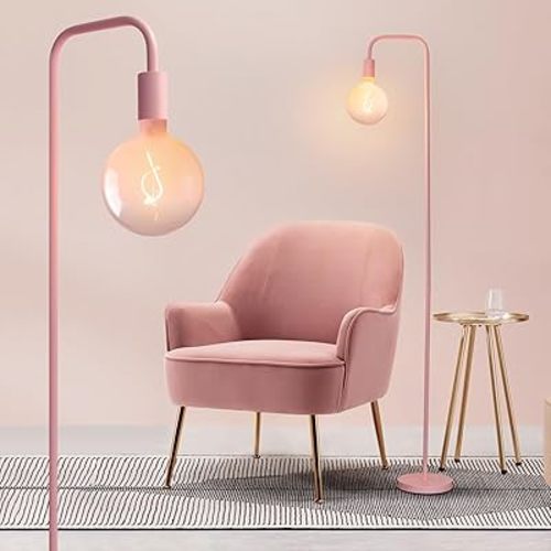 ONEWISH Pink Floor Lamp for Bedroom, Cute Standing Lamp with LED Bulb, Translucent Pink Globe Glass 2700k Warm Lighting. Globe Floor Lamp for Livingroom, Bedroom,Office