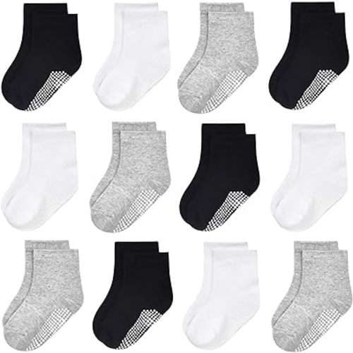 GRPSKCOS Baby Socks for Boys & Girls, 12 Pairs Non Slip Anti Skid Sticky Cotton Socks, 0-7 Years