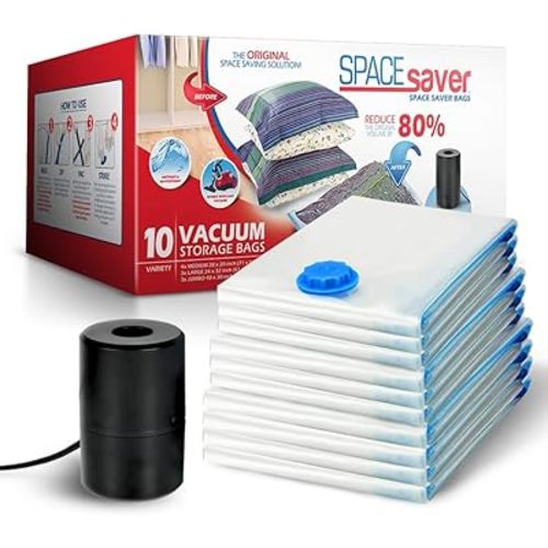Spacesaver Clothing Vacuum Storage Bags with Electric Pump - 10-Pack, Medium, Large and Jumbo Sizes - Vacuum Seal Bags for Clothing, Beddings, Comforters, Blankets, Travel - Vacuum Sealer Bags