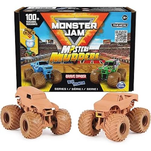 Monster Jam, Mystery Mudders 2-Pack Monster Trucks, Official 1:64 Die-Cast Vehicles, Wash to Reveal (Styles Will Vary), Kids Toys for Boys 3 and Up