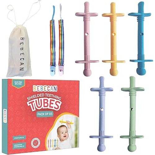 Shielded Teething Tubes – Baby Teething Toys 0-36 Months, Anti-Choking Design, Clip-Attachable, BPA-Free Silicone, 5 Soft Tubes + 2 Teether Clips + 2 Brushes + Storage Bag