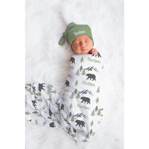 Baby Bear Swaddle set -Personalized Baby Boy Woodland Blanket Hat Set -Bear Baby Shower Gift -Forest Trees Mountain Receiving Blanket -S571