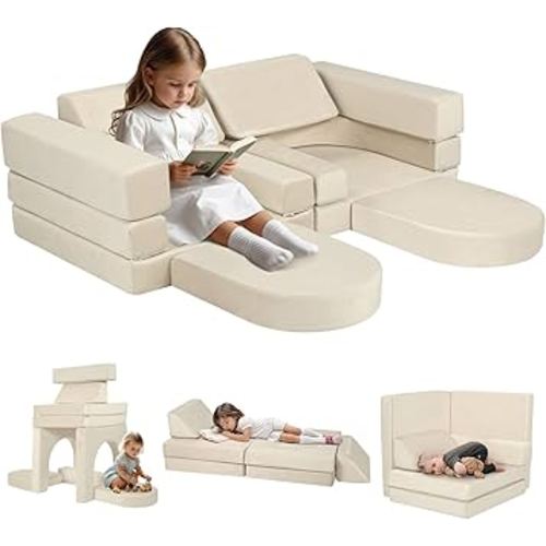 MeMoreCool 10-Piece Couch Sofa, Modular Toddler Glow Sofa for Playroom Bedroom, Fold Out Play Couch for Kid Girl Boy, Sectional Foam Playset Couch Set, Beige