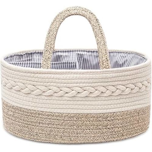 Baby Diaper Caddy Organizer, Portable Cotton Rope Woven diapers Caddy-Nursery Storage, DIY Basket with Changeable Compartments, Newborn Shower Gift Tote Bag Yellow