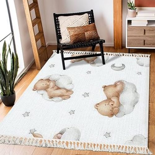 Rug Bears Clouds Moon Stars Watercolor Hand Drawn White Scandinavian Chic Area Rug Washable Hallway Runner Rug Minimalist Home Decor for Living Room Bedroom Nursery Playroom Classroom
