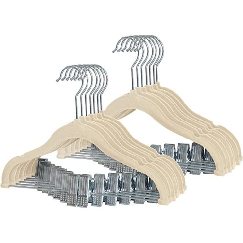 Finnhomy Non-Slip Clothes Hangers for Baby and Kids 20-Pack Velvet Hangers with Movable Clips, Heavy-Duty and Space-Saving for Pants,Skirts, Coat, Beige