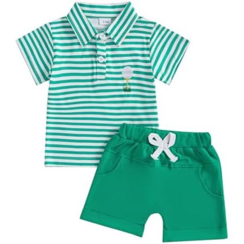 Toddler Baby Boy Golf Outfit Golf Cart Stripes Short Sleeve Button Down T-Shirt Tops Shorts Summer Clothes