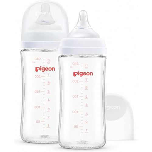 Pigeon Glass Nursing Bottle Wide Neck, Streamlined Body, Natural Feel, Easy to Clean, Heat-Resistant, 8.1 Oz(Pack of 2), Includes 2pcs M Nipples (3m+)