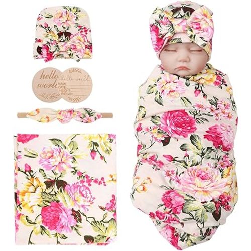 Newborn Receiving Blanket Baby Girl Swaddles Wraps with Bow Hat Headband Wooden Card for Newborns Toddler Gift Baby Essentials