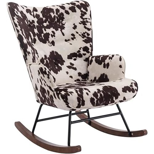 Velvet Rocking Chair Nursery Rocking Chair Indoor Tufted Wingback Accent Chair with Solid Wood Base Comfy Tall Back Leisure Rocker Armchair for Living Room Bedroom Cow Pattern