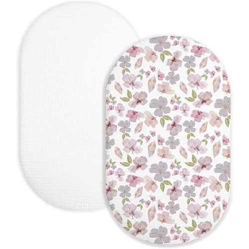 Bassinet Sheet for Baby Boy and Girl 2 Pack, Fitted Sheets for Rectangle, Oval, Hourglass Bassinet Mattress, Muslin Moses Basket Sheets with Neutral Style(Purple Petals & White)