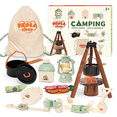 Kids Camping Toys Set - Pretend Play Camping Set with Food Toy, Spray Stove, Oil Lantern, Binoculars, Compass, Tableware, Watch & Storage Bag, Indoor Outdoor Toy for 3 4 5 6+ Year Old Boy Girl Gift