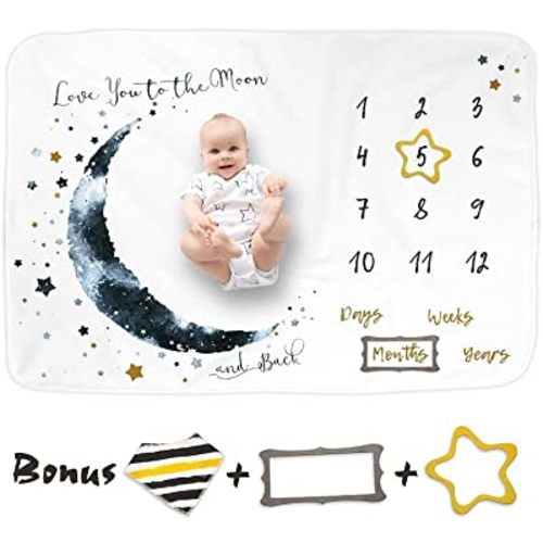 Luka&Lily Month Milestone Blanket- 60"x40" for Baby Boys - First Year Calendar Monthly Growth Chart, Moon - Shower Gifts