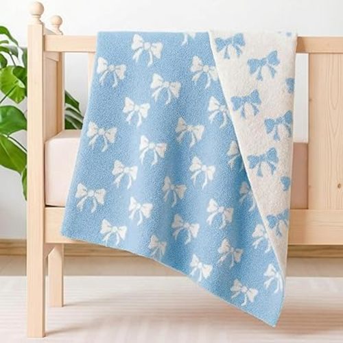 Blue Bow Baby Blankets 30 x 40 Inch Microfiber Newborn Girls Swaddle Blanket Coquette Plush Preppy Nursery Stuff for Bed Sofa Couch Chair Receiving Newborn Baby Girl Infant Toddler Gift