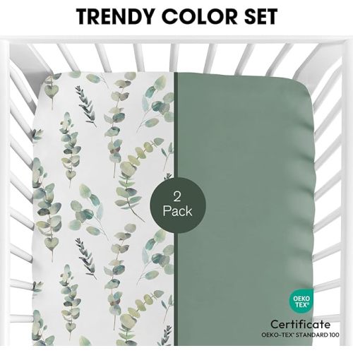Little Grape Land Crib Sheets for Boys and Girls, 2pk Baby Crib Fitted Sheet for Standard Size Crib and Toddler Mattress, Super Soft Baby Sheet (Leaves & Green) - Green Leaves