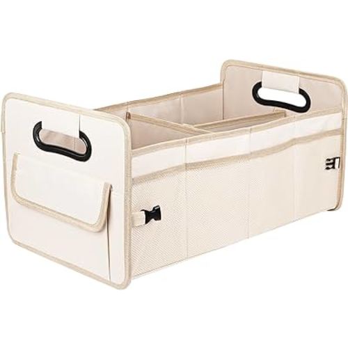 JiatuA Car Trunk Organizer, Car Organizers and Storage Collapsible Multi Compartment Container Box, Adjustable Car Accessories for SUV Sedan Truck, Standard Size, Beige