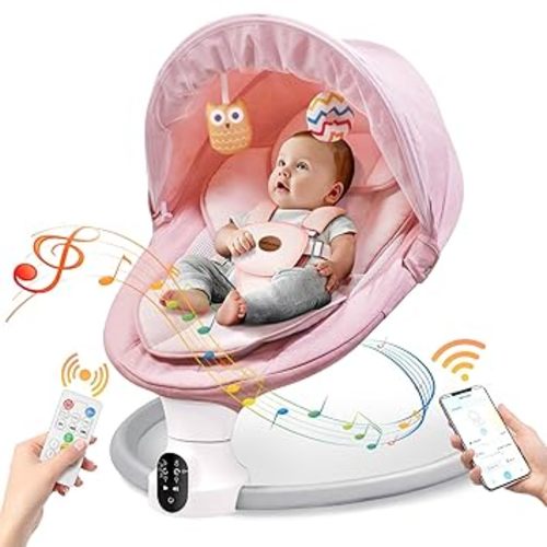 Baby Swing for Infants - Electric Baby Rocker with Exclusive App Function, Upgraded 5 Point Harness, Bluetooth Support, 10 Preset Lullabies and 5 Speeds, Portable Swing for Baby Boy Girl（Pink）