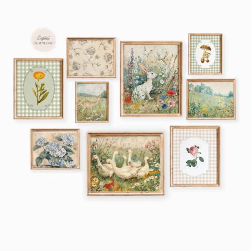 Vintage Nursery Gallery wall art, French nursery artwork, Antique Storybook Prints, Set of 9 printable, Cottagecore Decor, Baby Girl