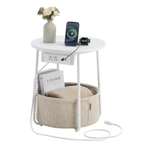 VASAGLE Side Table with Charging Station, Round End Table With Fabric Basket, Nightstand with Power Outlets USB Ports, for Living Room, Bedroom, Modern, Matte White and Camel Brown ULET228W01