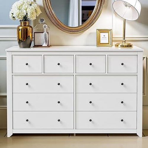 White 10 Drawer Dresser, 52" Large Wide Chest of Drawers, Wooden Dresser Storage Cabinet with 10 Drawers for Bedroom, Long White Dressers for Nursery, Living Room, Hallway