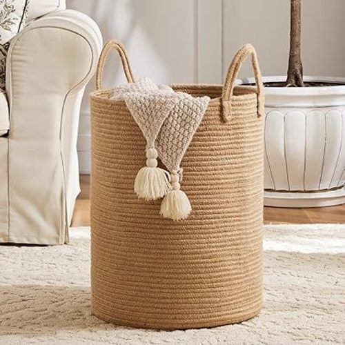 Woven Laundry Hamper, 58L Tall Storage Basket for Blanket, Large Boho Dirty Clothes Hamper Bin for Girls Kids Baby Nursery in Living Room - Brown