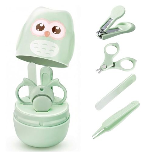 Baby Nail Kit with Owl Case, 4-Piece Infant Manicure Set, Green