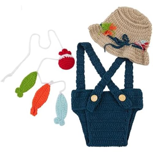 Zeroest Baby Photography Props Newborn Crochet Outfits Knitted Fisherman Set | Handmade Photo Shoot Costume for Boys Girls
