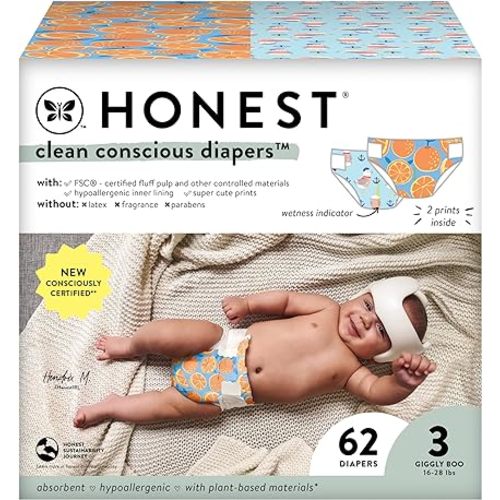 The Honest Company Clean Conscious Diapers for Sensitive Skin | Hypoallergenic, Fragrance Free | Gender Neutral Prints | Club Box, Size 3 (16-28 lbs), 62 Count (Prints May Temporarily Vary)