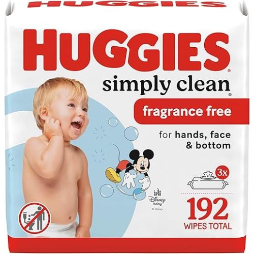 Huggies Simply Clean Unscented Baby Diaper Wipes, 3 Flip-Top Packs (192 Wipes Total), Packaging May Vary