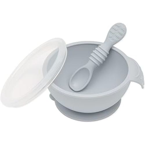 Bumkins Baby Bowl, Silicone Feeding Set with Suction for Baby and Toddler, Includes Spoon and Lid, First Feeding Set, Training Essentials for Baby Led Weaning for Babies 4 Months Up, Gray