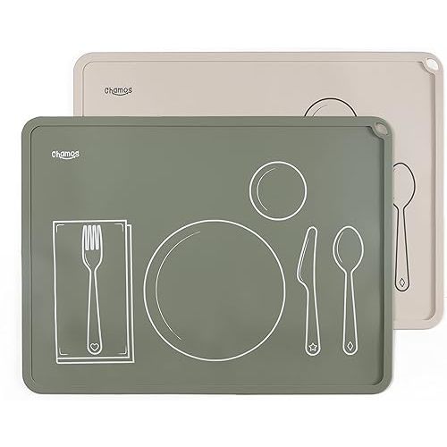 CHAMOS Montessori Placemat for Toddlers - Kids Silicone Mats for Dining Table - Set of 2 - Table Setting Learning (Sage and Beige)