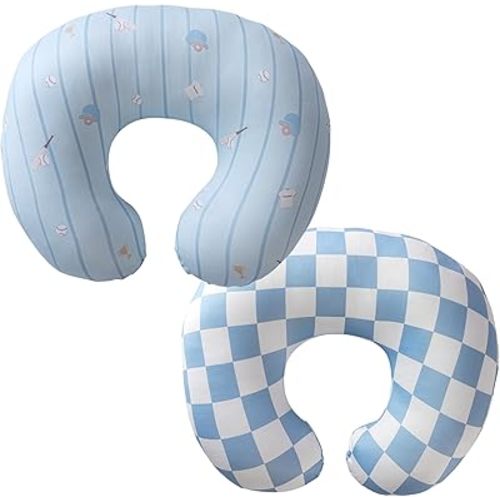 2-Pack Nursing Pillow Covers,Ultra-Soft Stretchy Breastfeeding Pillowcase for Baby Boys Girls, Fits 22.5"x18" Pillows,Removable Feeding Pillow Slipcovers for Newborn(Baseball & Blue Checkered)