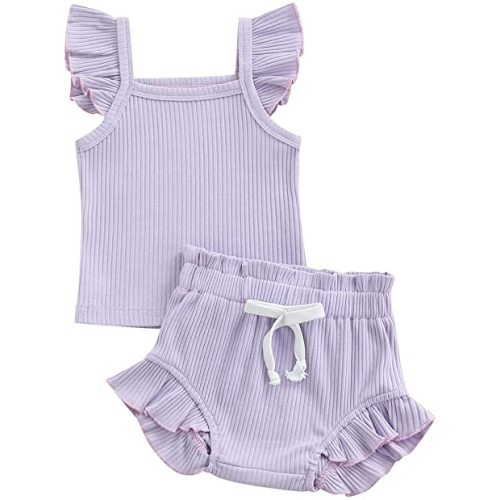Baby Girl Clothes Newborn Summer Knitted Cotton Outfits Ruffle Sleeve Tops & Shorts Sets Infant 3 6 12 18 Months - A-purple - 0-3 Months